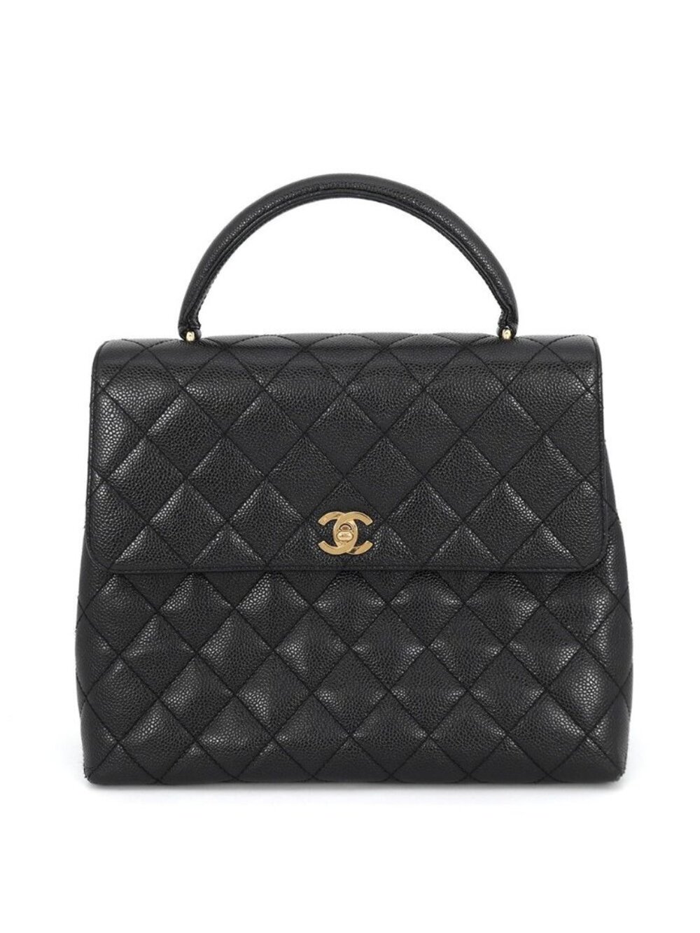Chanel Handbag Quilted CC Logo Caviar Leather Handle Bag Black